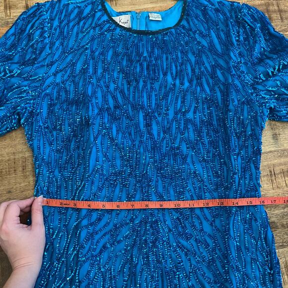 Vintage Laurence Kazar Sequin Sheath Dress L Silk Blue Beaded Party Costume 80s - Picture 16 of 16